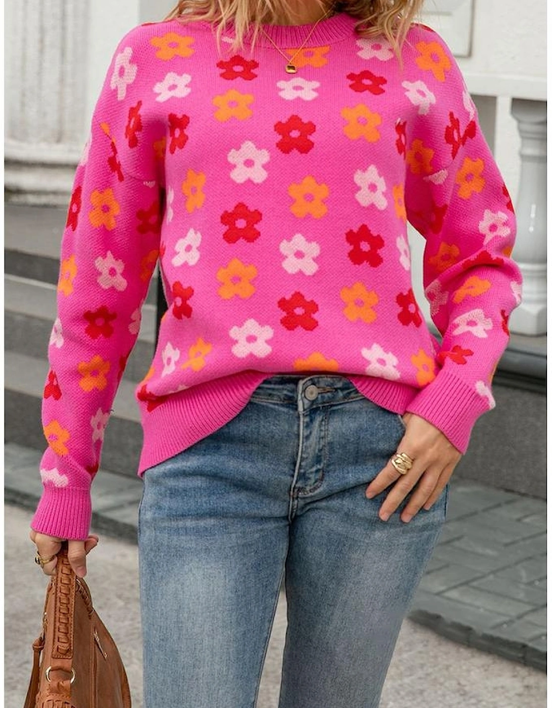 Rose Cute Flower Allover Ribbed Trimmed Drop Shoulder Pullover Sweater