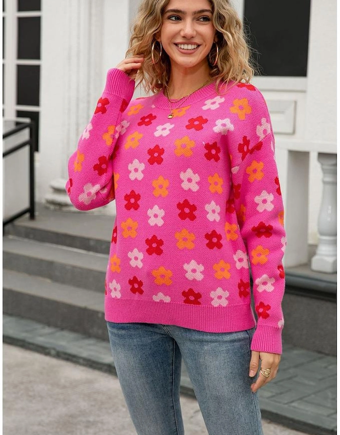 Rose Cute Flower Allover Ribbed Trimmed Drop Shoulder Pullover Sweater