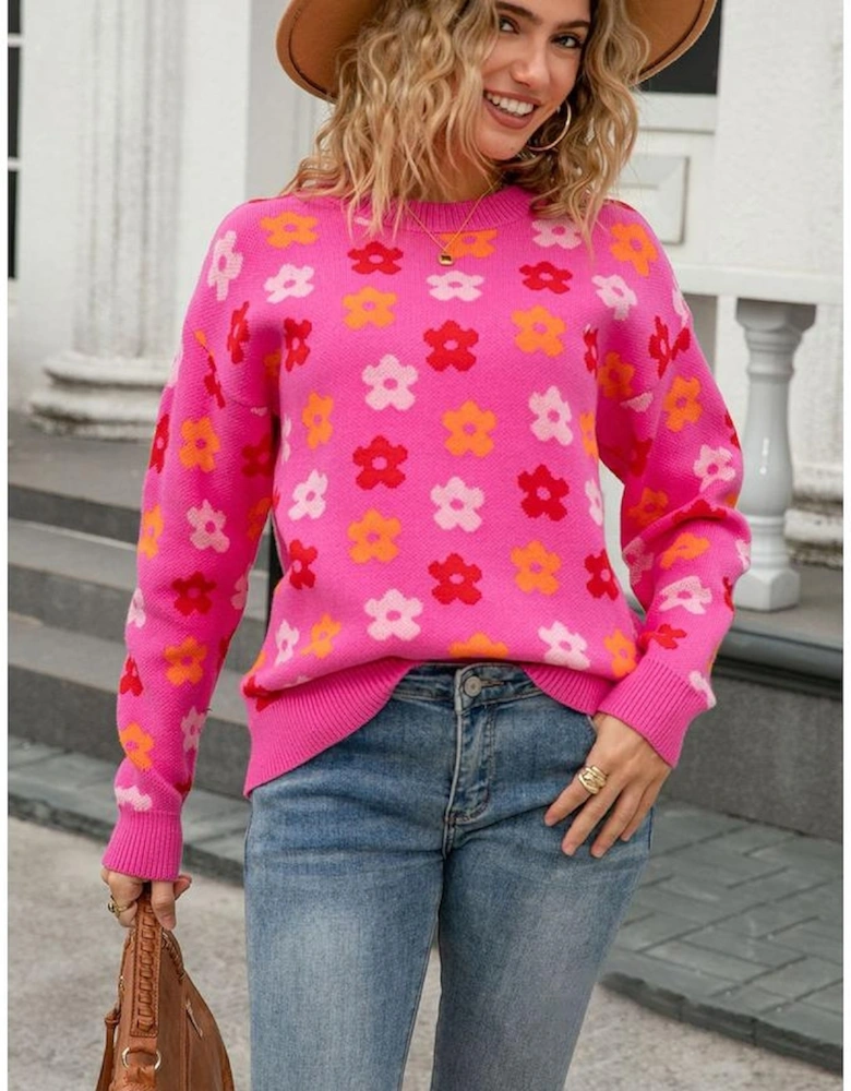 Rose Cute Flower Allover Ribbed Trimmed Drop Shoulder Pullover Sweater