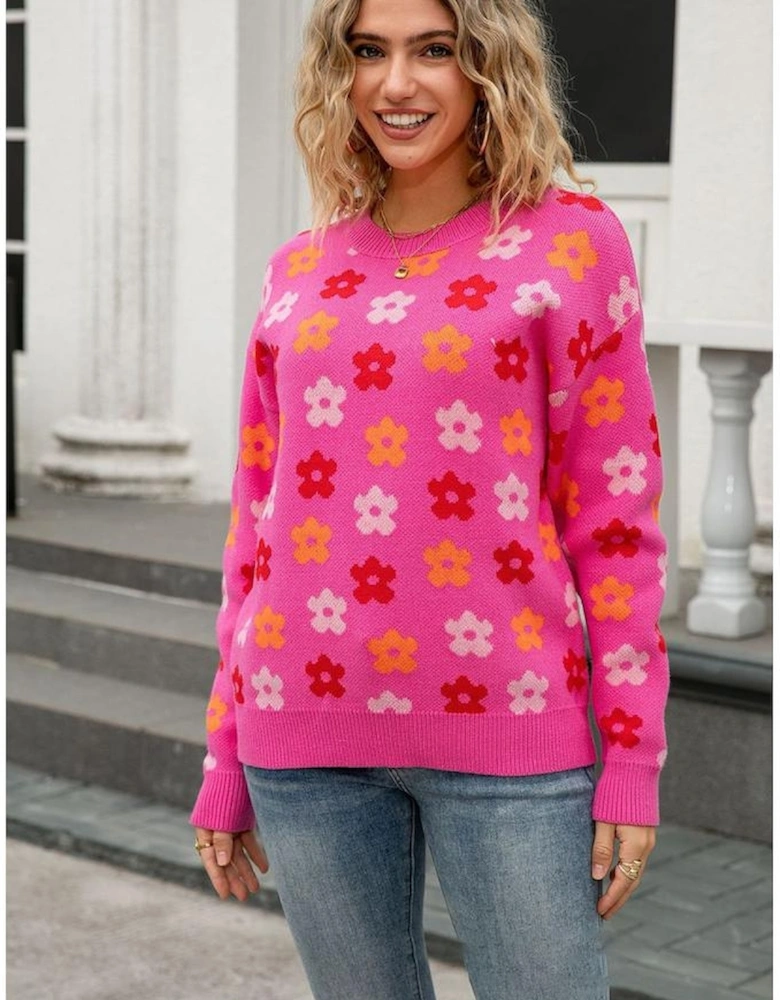 Rose Cute Flower Allover Ribbed Trimmed Drop Shoulder Pullover Sweater