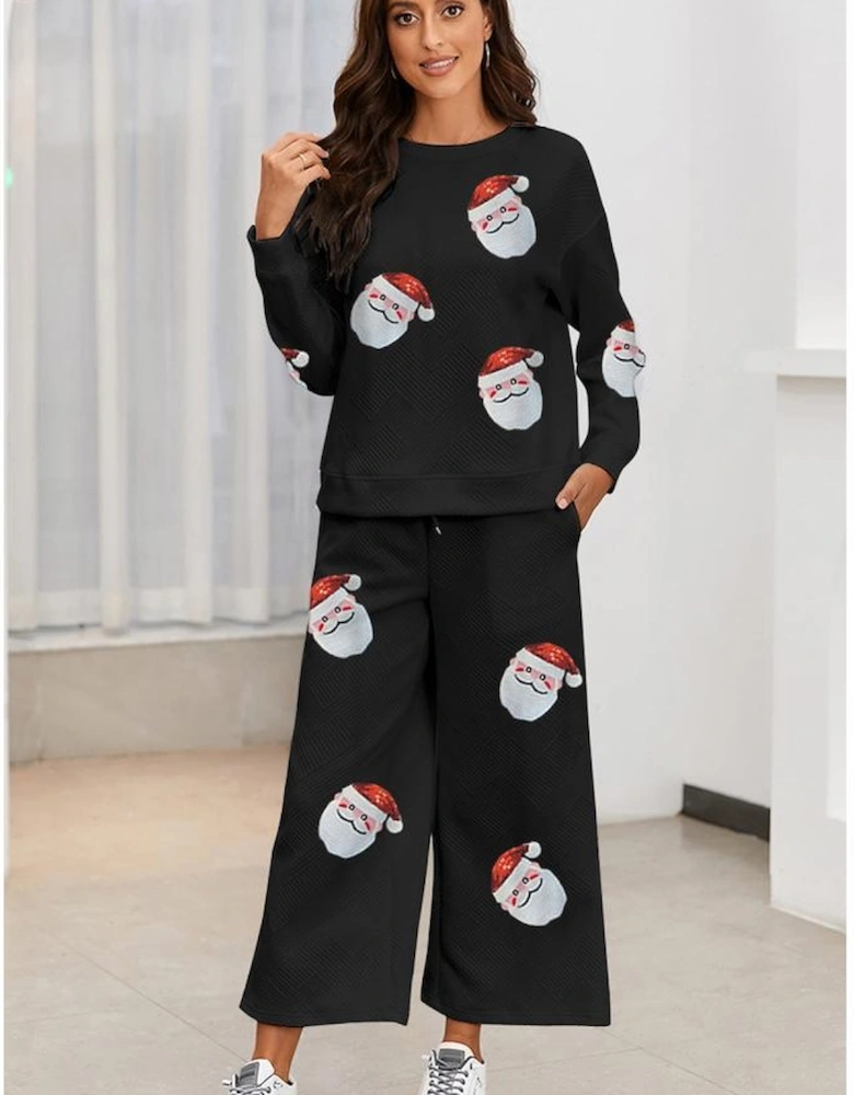 Black Christmas Sequined Santa Clause Print Textured Pants Set