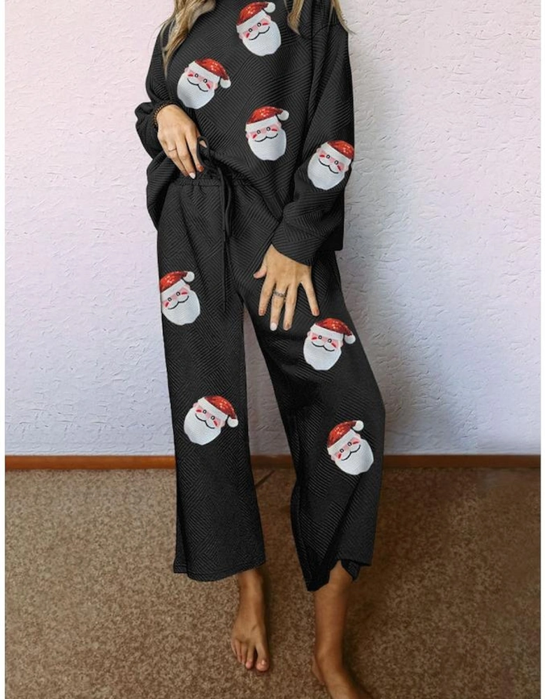 Black Christmas Sequined Santa Clause Print Textured Pants Set