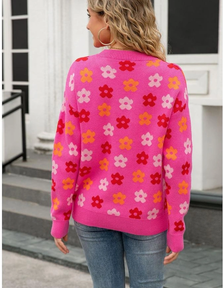 Rose Cute Flower Allover Ribbed Trimmed Drop Shoulder Pullover Sweater