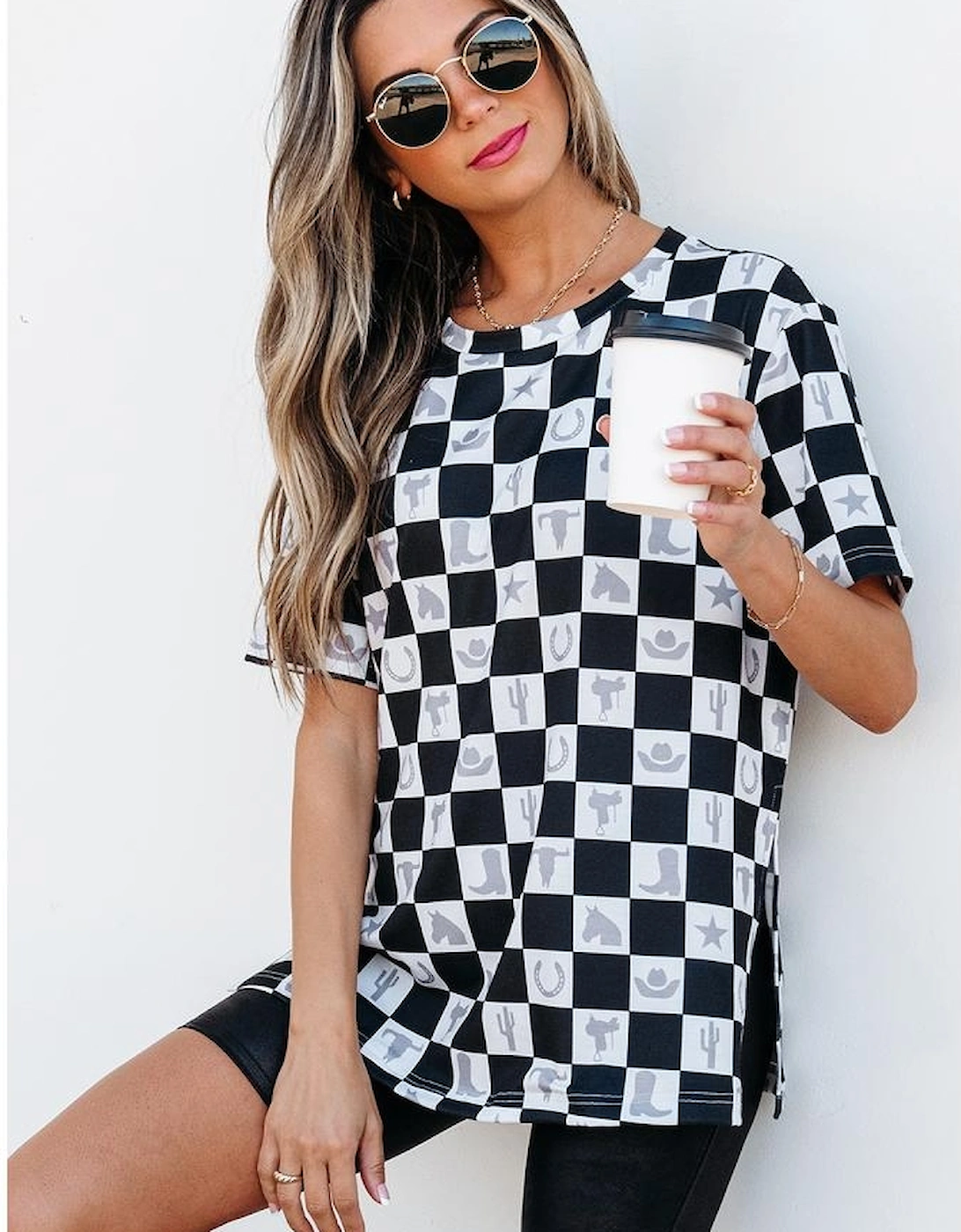 Black Western Fashion Checkerboard Print Side Split T Shirt