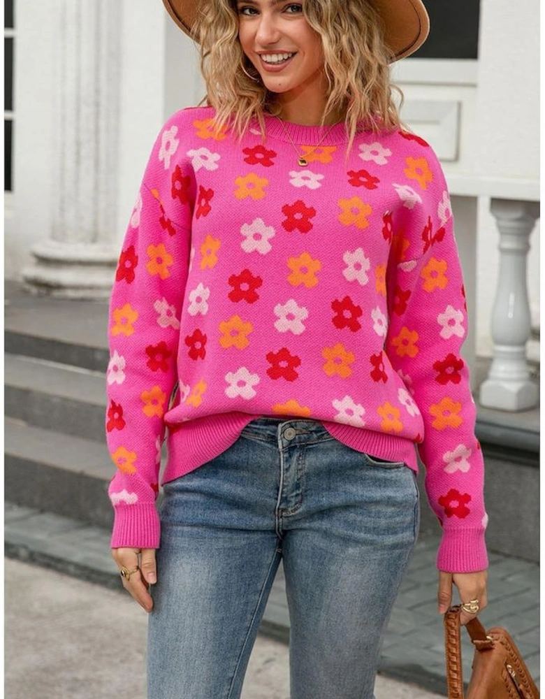 Rose Cute Flower Allover Ribbed Trimmed Drop Shoulder Pullover Sweater