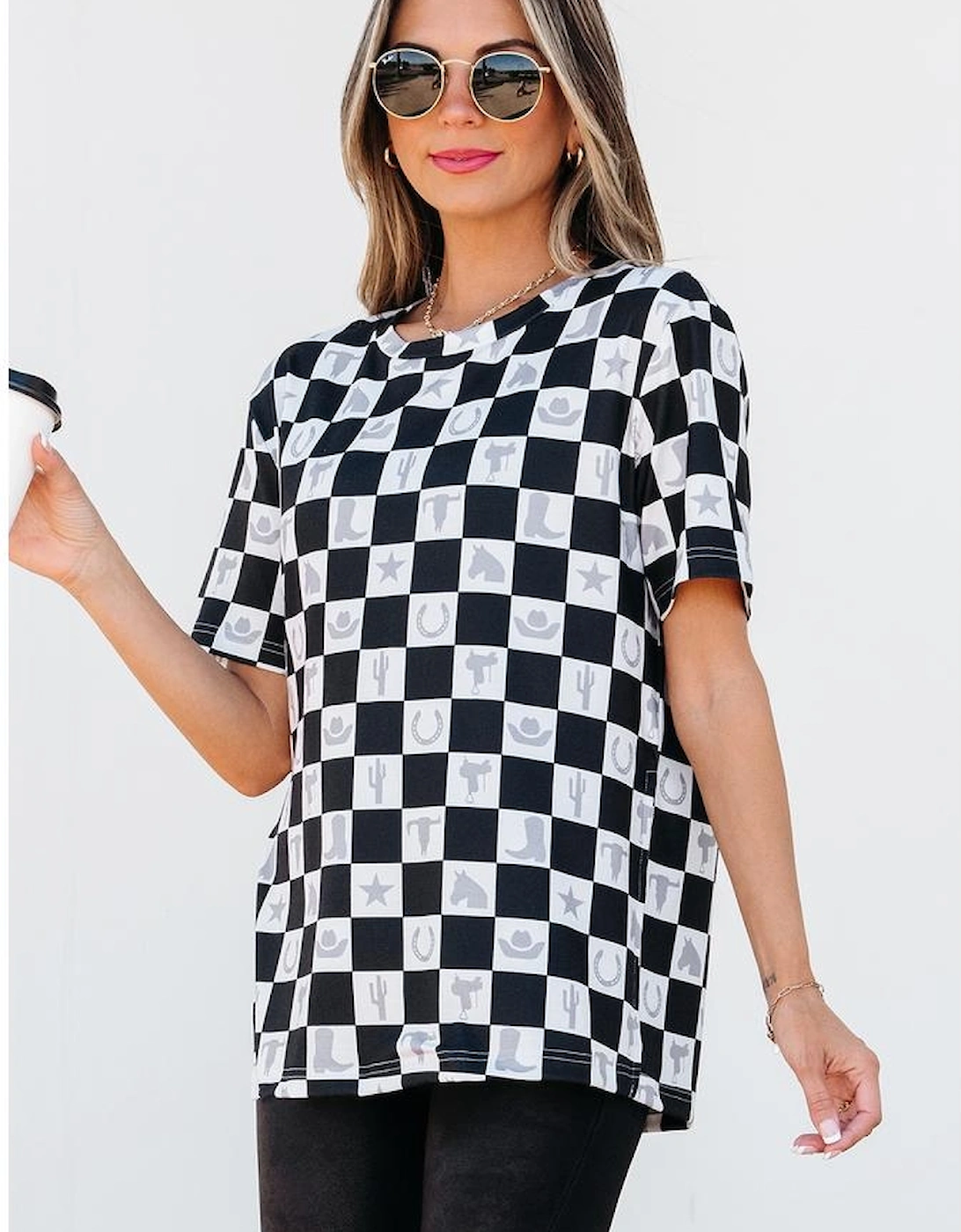 Black Western Fashion Checkerboard Print Side Split T Shirt