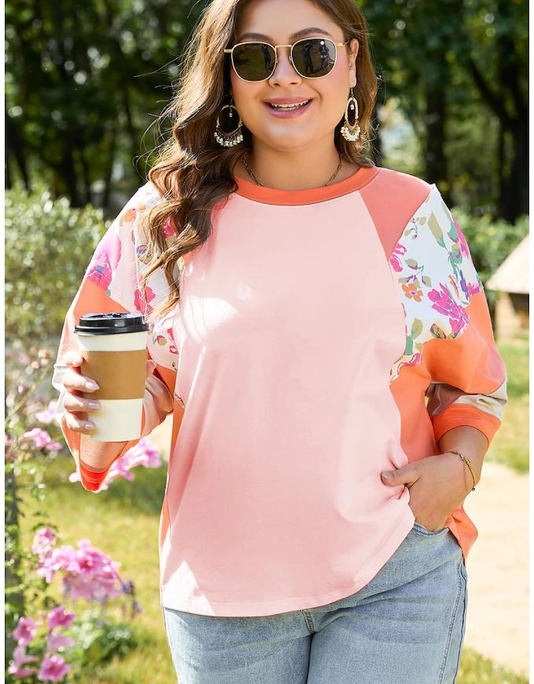 Orange Plus Size Floral Print Patchwork Raglan Half Sleeve Top