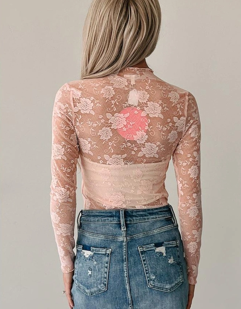 Apricot Pink Sheer Floral Lace Mesh Mock Neck Long Sleeve Top