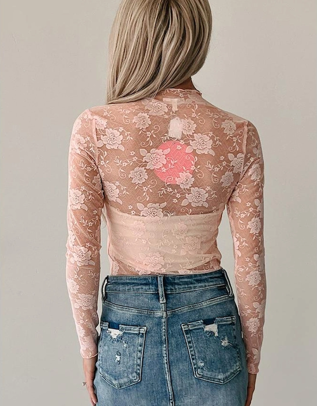 Apricot Pink Sheer Floral Lace Mesh Mock Neck Long Sleeve Top, 7 of 6