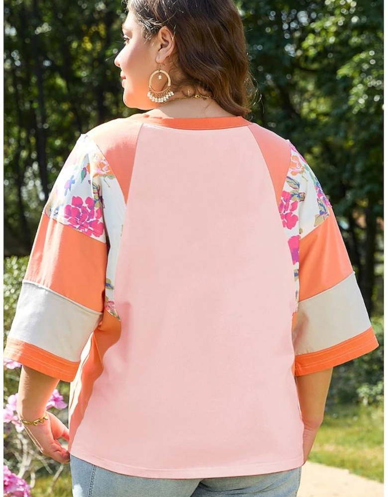 Orange Plus Size Floral Print Patchwork Raglan Half Sleeve Top