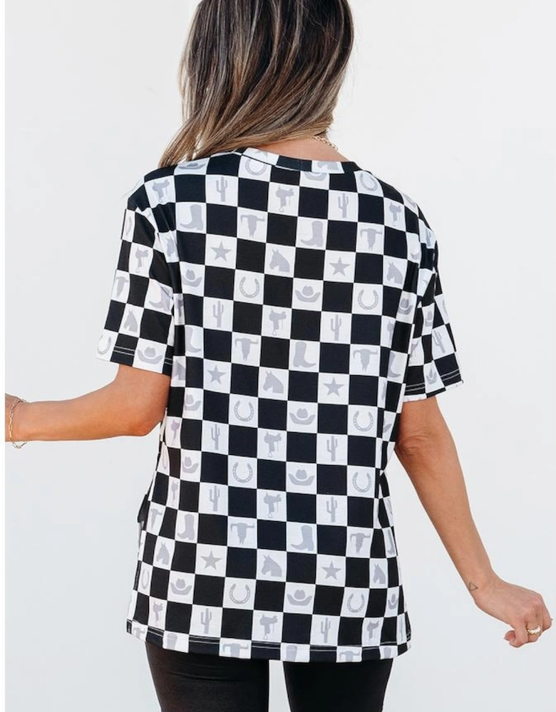 Black Western Fashion Checkerboard Print Side Split T Shirt