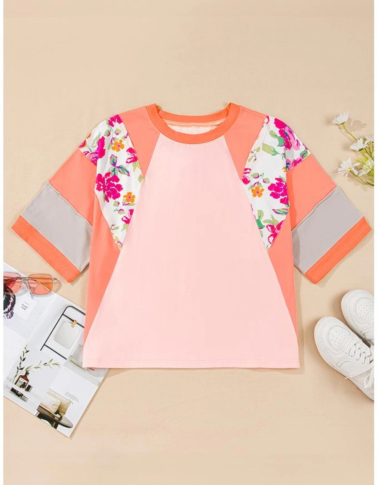 Orange Plus Size Floral Print Patchwork Raglan Half Sleeve Top