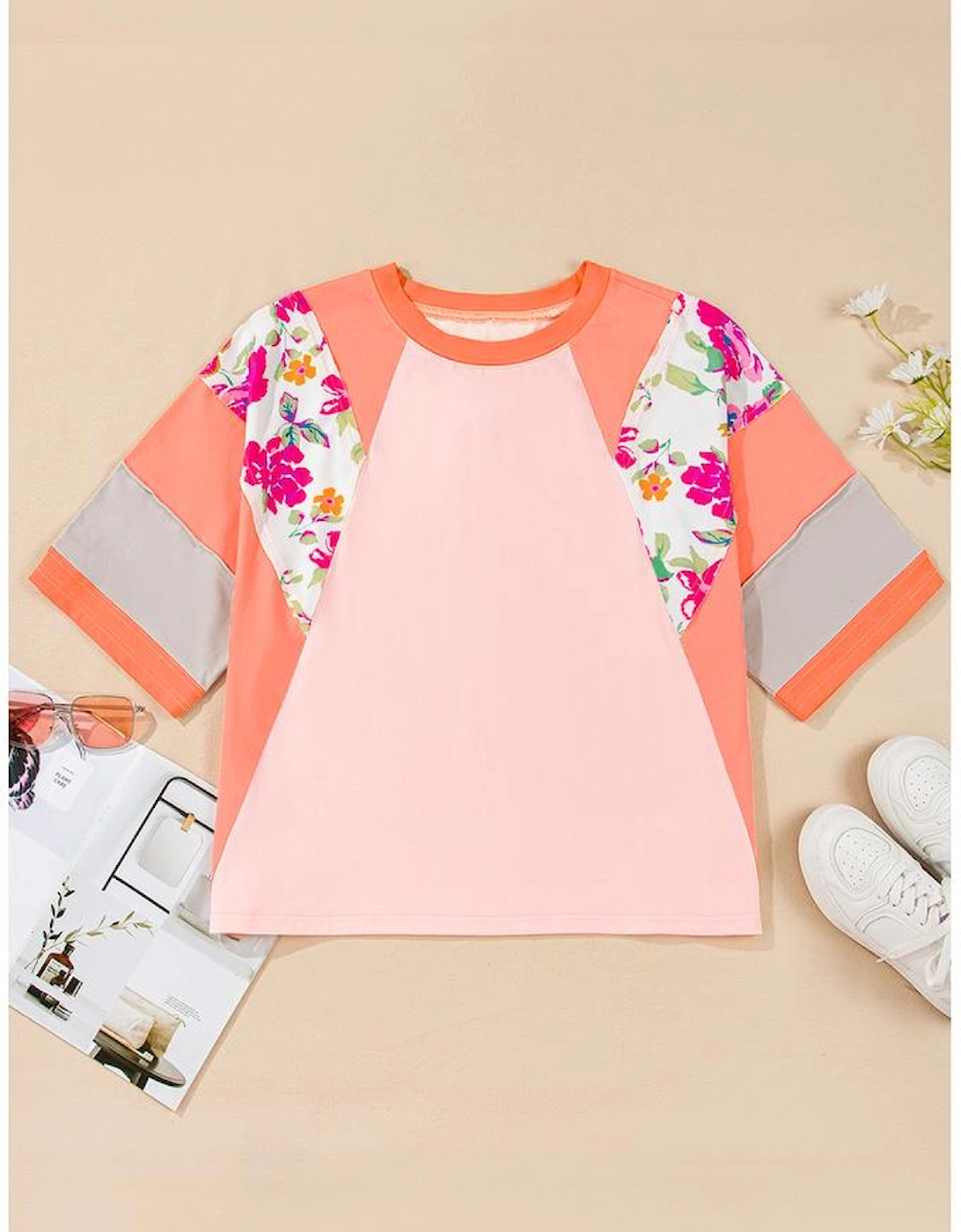 Orange Plus Size Floral Print Patchwork Raglan Half Sleeve Top