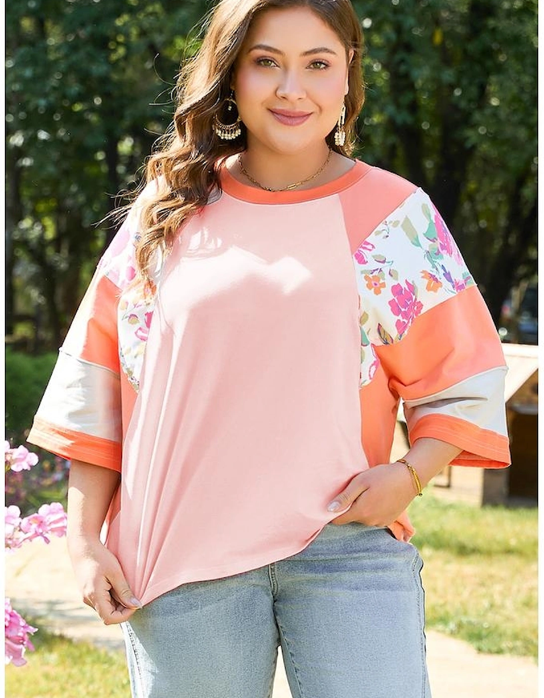 Orange Plus Size Floral Print Patchwork Raglan Half Sleeve Top