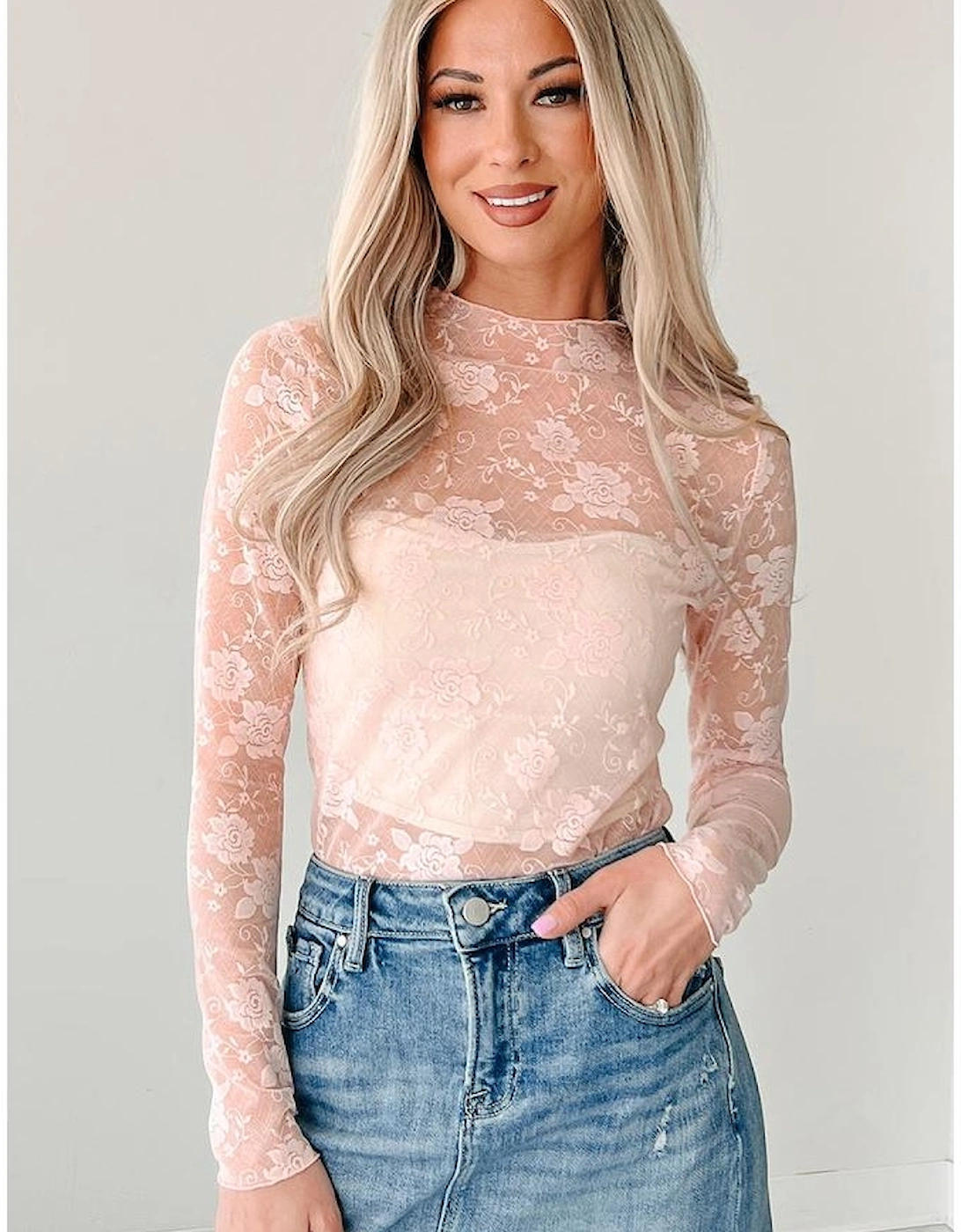 Apricot Pink Sheer Floral Lace Mesh Mock Neck Long Sleeve Top