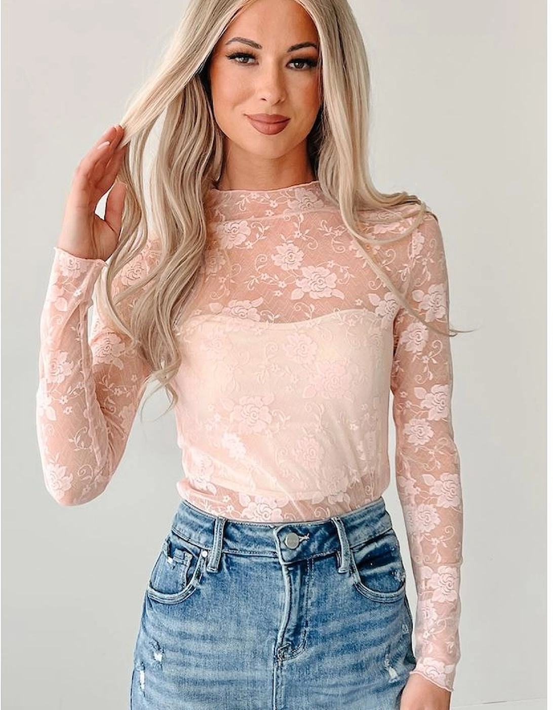 Apricot Pink Sheer Floral Lace Mesh Mock Neck Long Sleeve Top