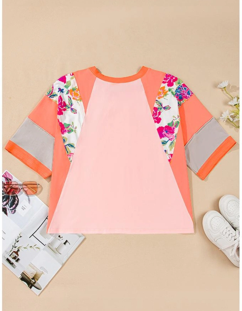 Orange Plus Size Floral Print Patchwork Raglan Half Sleeve Top