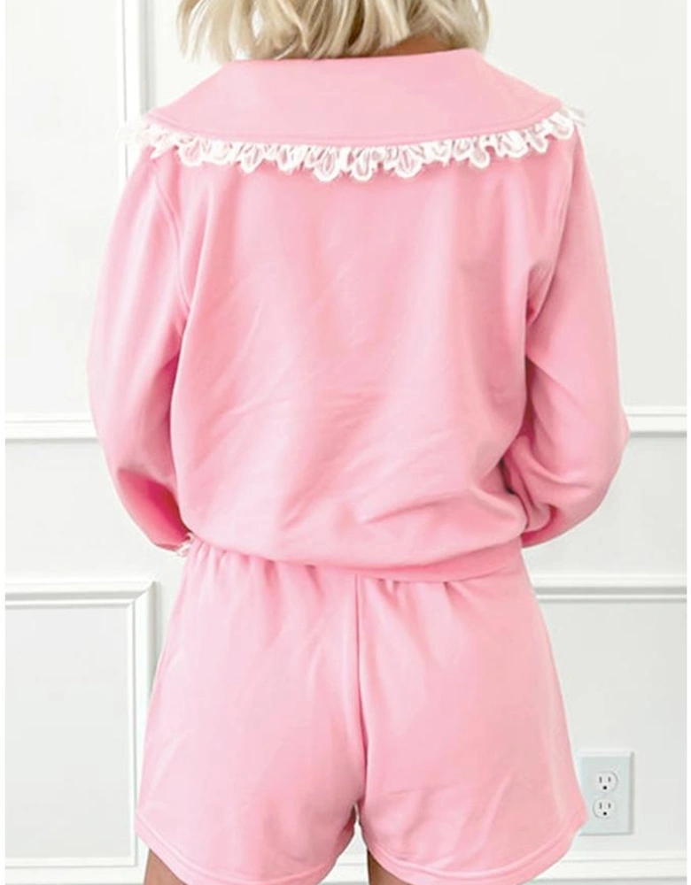 Pink Peter Pan Lace Embellished Neck Collision Sweatshirt and Skirt Two Piece Set