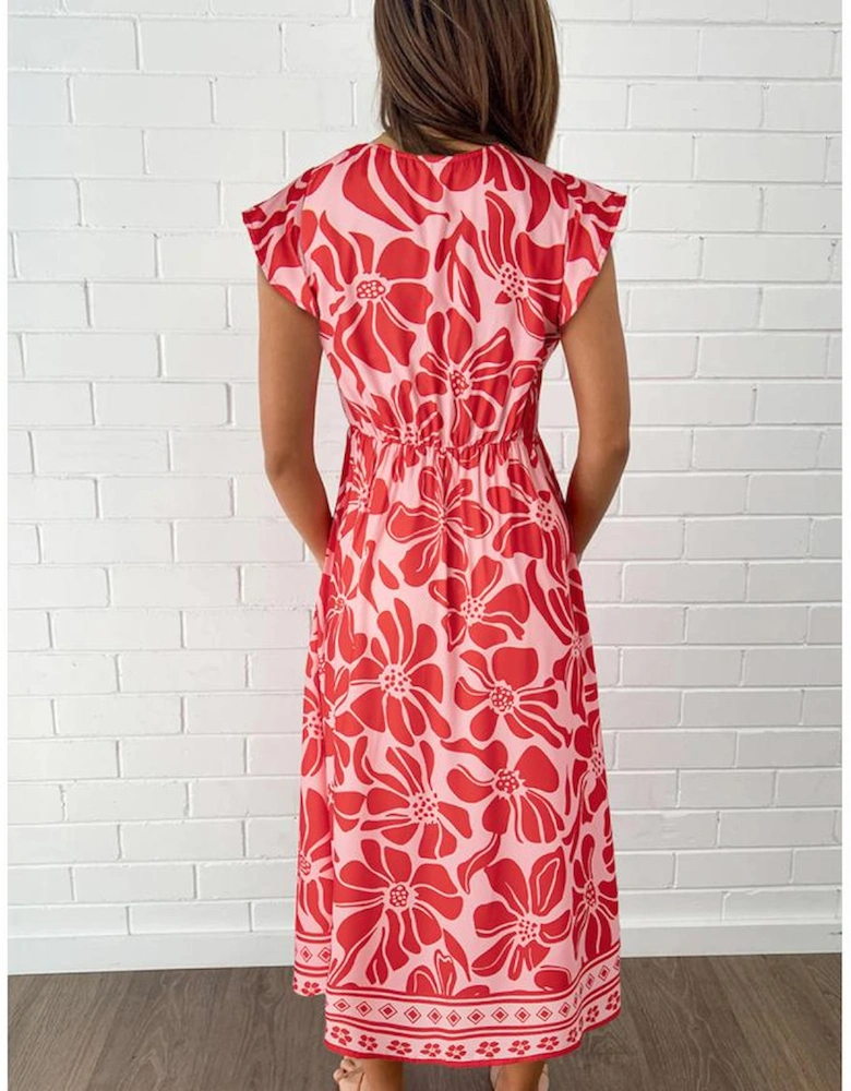 Red Boho Floral Short Sleeve V Neck Buttoned Shirred Waist Long Dress