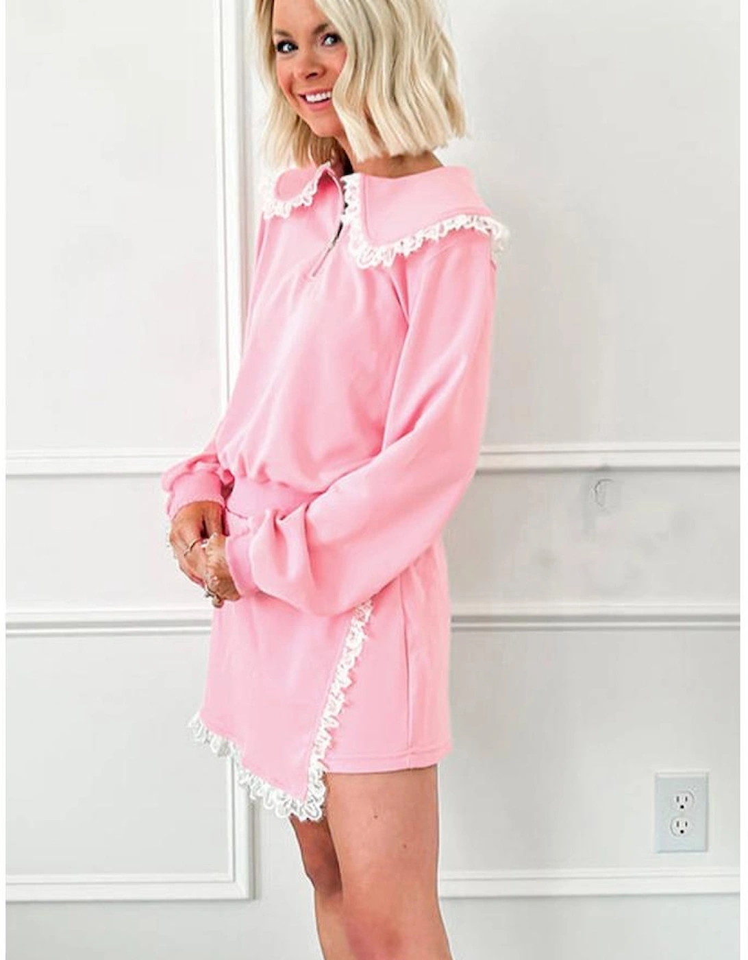 Pink Peter Pan Lace Embellished Neck Collision Sweatshirt and Skirt Two Piece Set