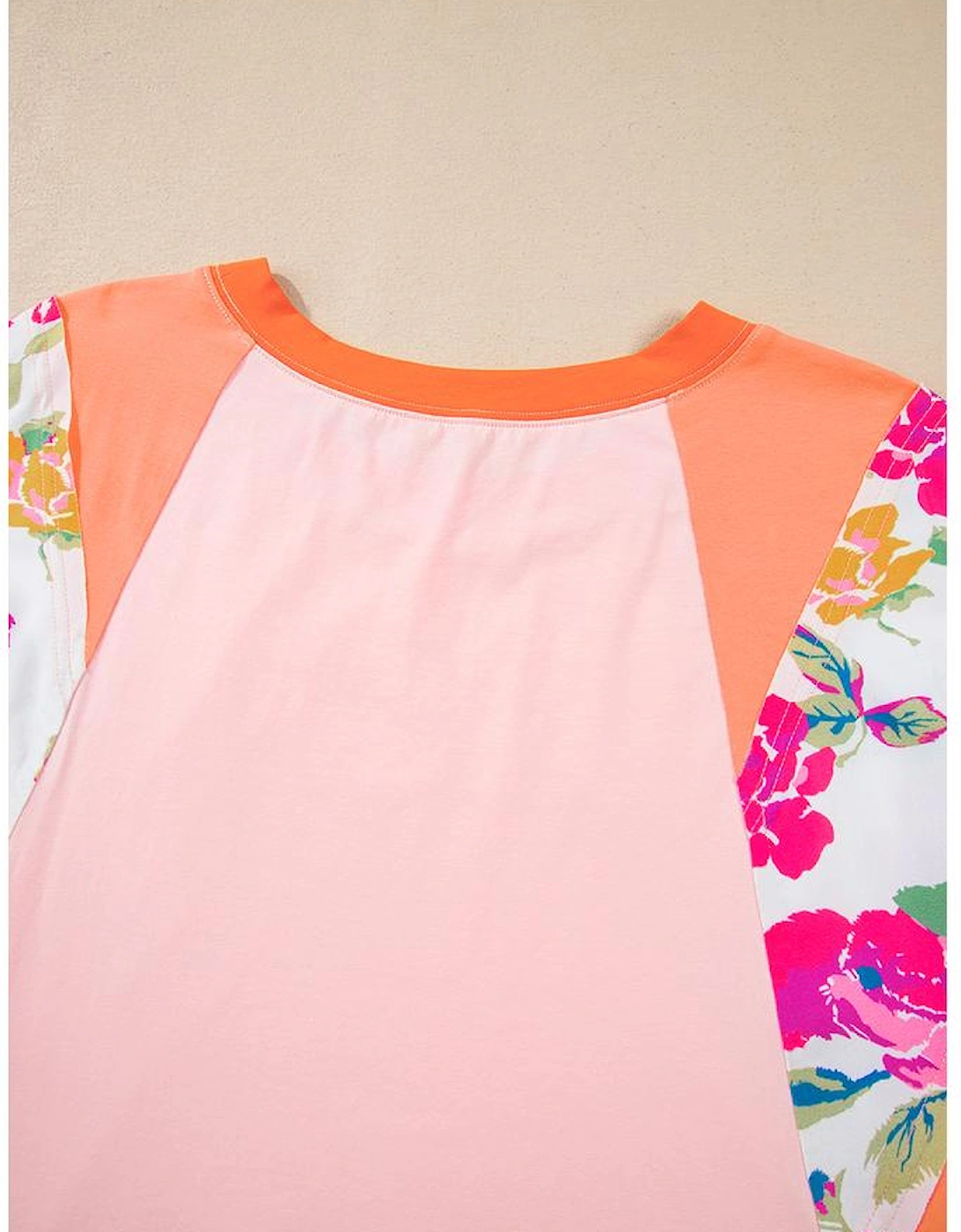 Orange Plus Size Floral Print Patchwork Raglan Half Sleeve Top