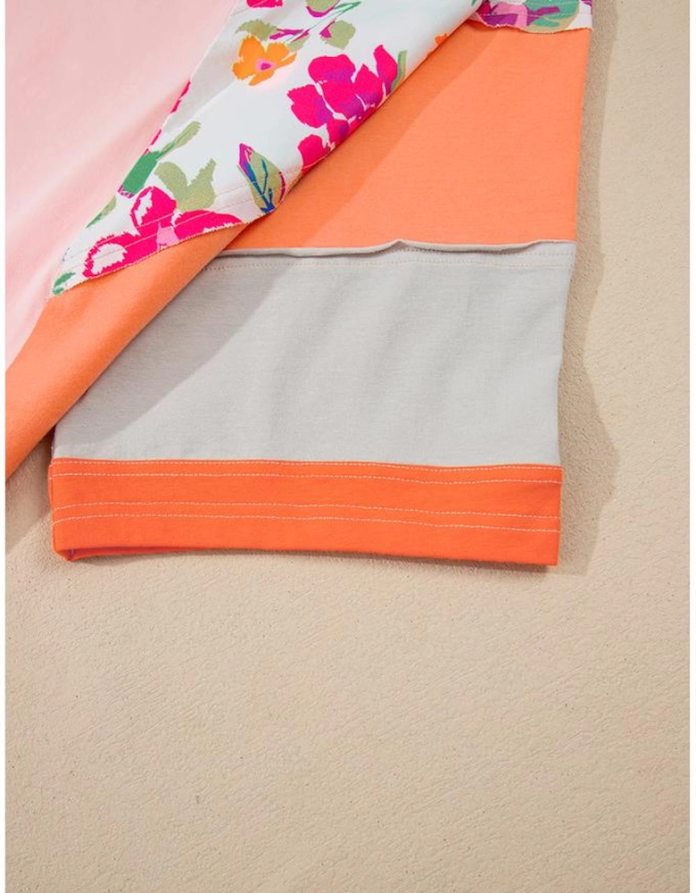 Orange Plus Size Floral Print Patchwork Raglan Half Sleeve Top