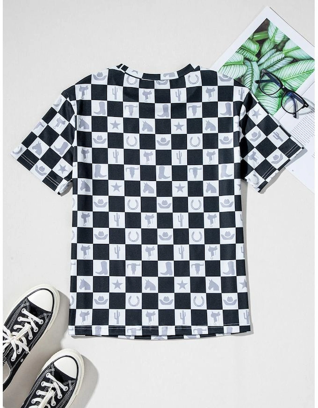 Black Western Fashion Checkerboard Print Side Split T Shirt