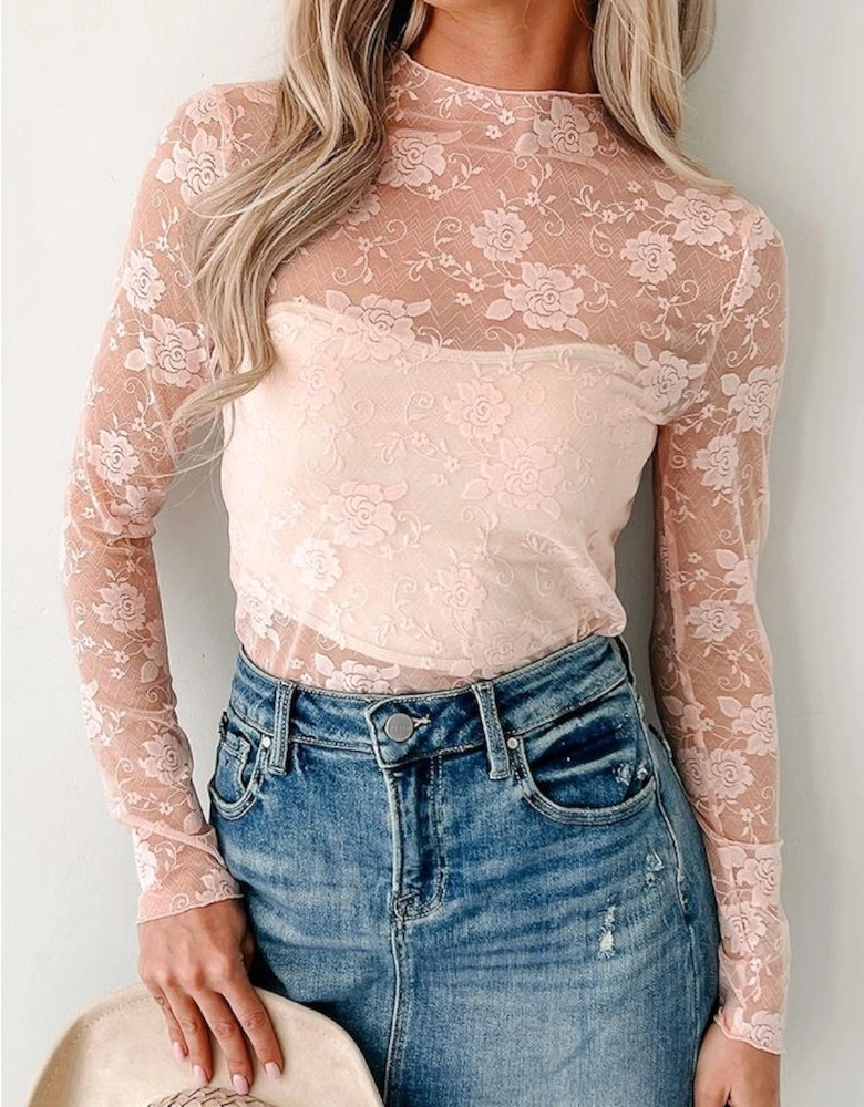 Apricot Pink Sheer Floral Lace Mesh Mock Neck Long Sleeve Top