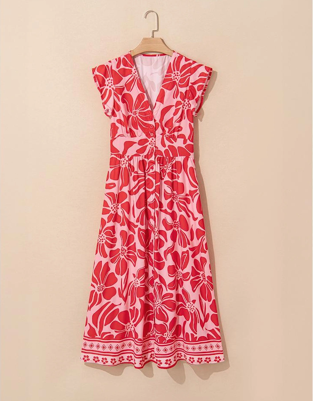 Red Boho Floral Short Sleeve V Neck Buttoned Shirred Waist Long Dress