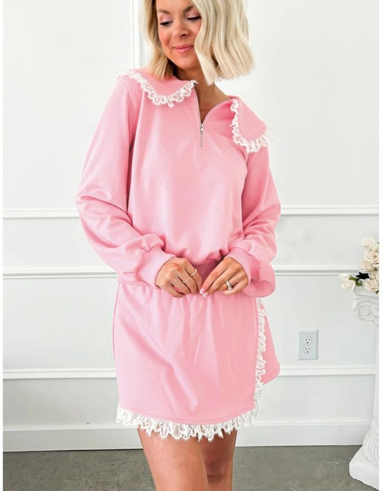 Pink Peter Pan Lace Embellished Neck Collision Sweatshirt and Skirt Two Piece Set