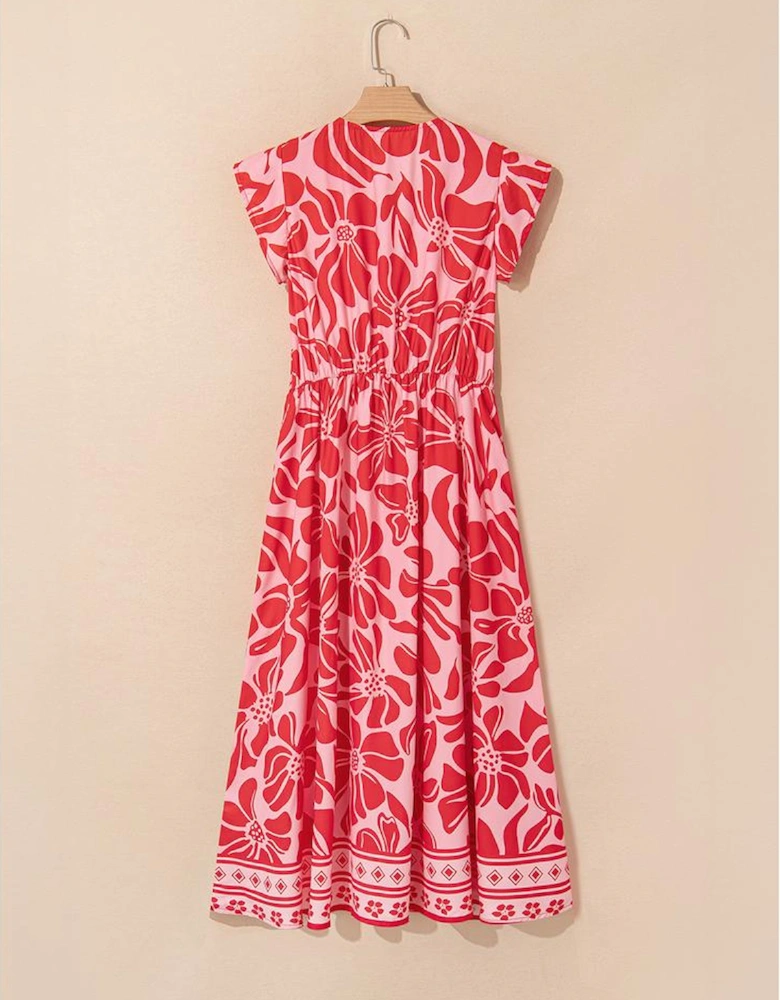 Red Boho Floral Short Sleeve V Neck Buttoned Shirred Waist Long Dress