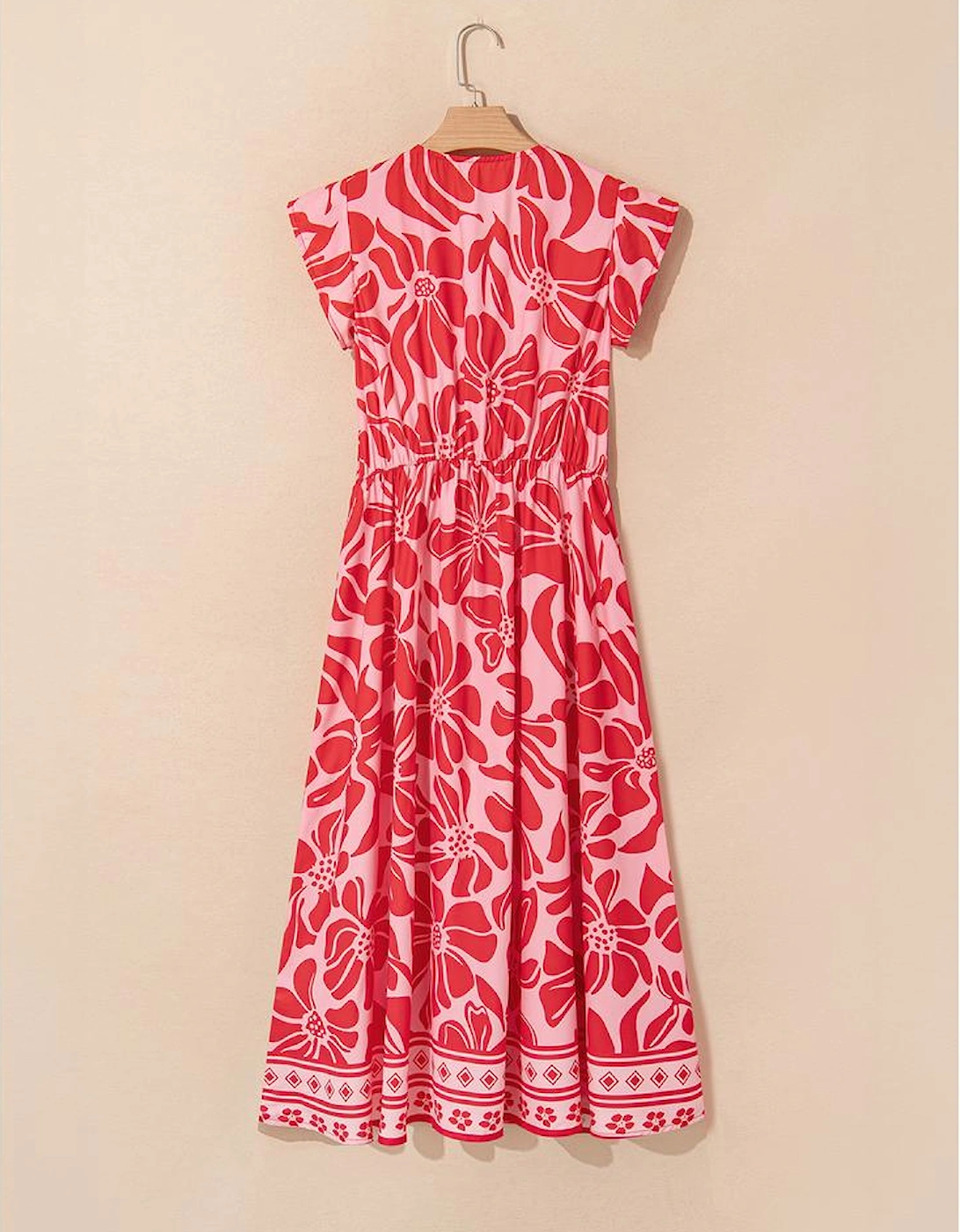 Red Boho Floral Short Sleeve V Neck Buttoned Shirred Waist Long Dress