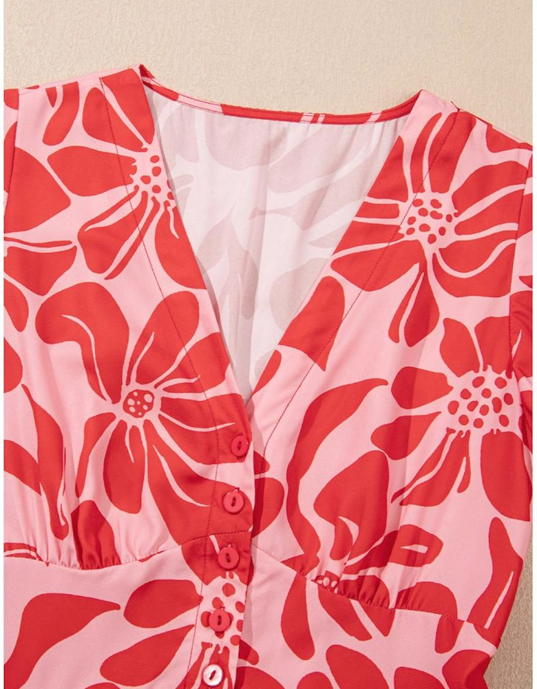 Red Boho Floral Short Sleeve V Neck Buttoned Shirred Waist Long Dress