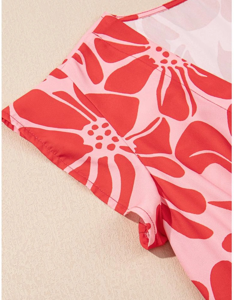 Red Boho Floral Short Sleeve V Neck Buttoned Shirred Waist Long Dress