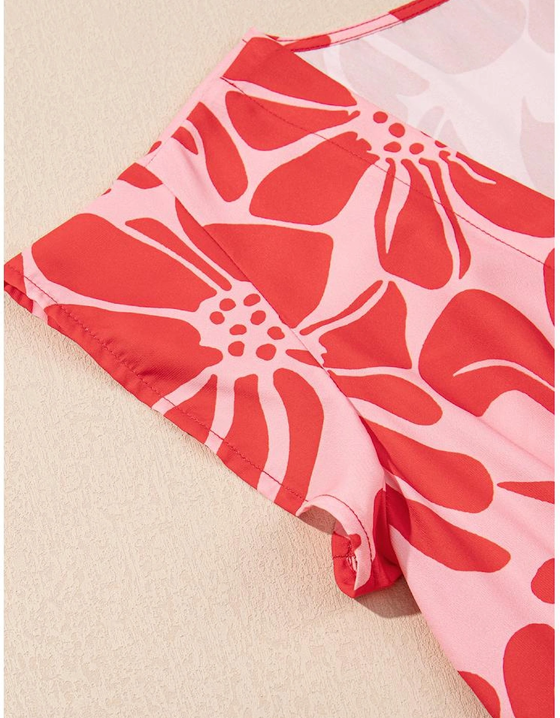 Red Boho Floral Short Sleeve V Neck Buttoned Shirred Waist Long Dress