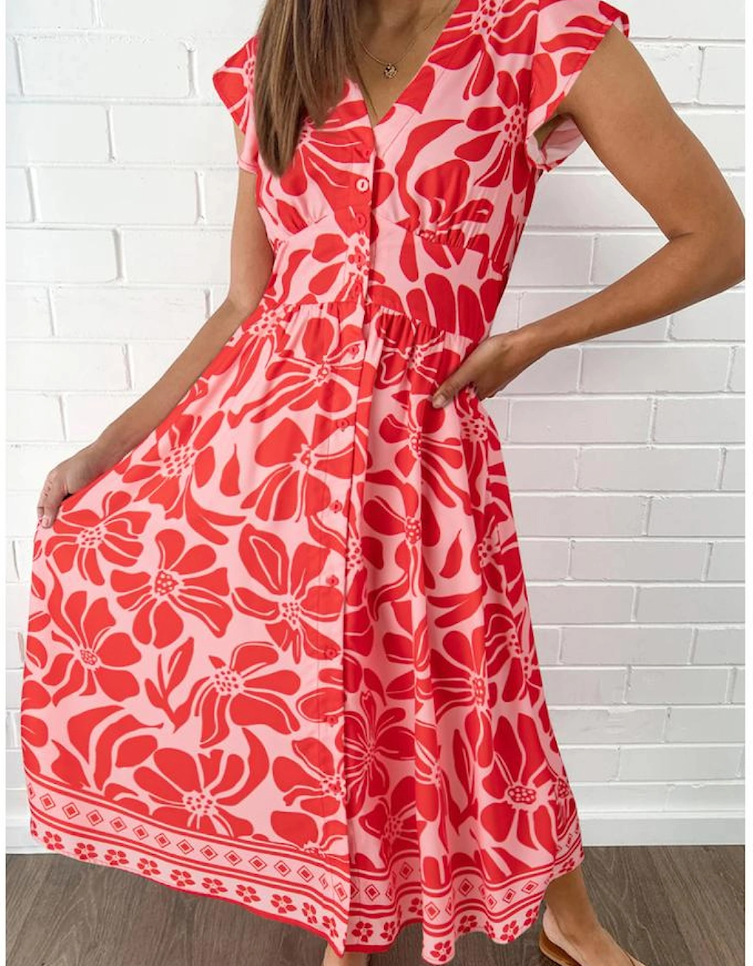 Red Boho Floral Short Sleeve V Neck Buttoned Shirred Waist Long Dress