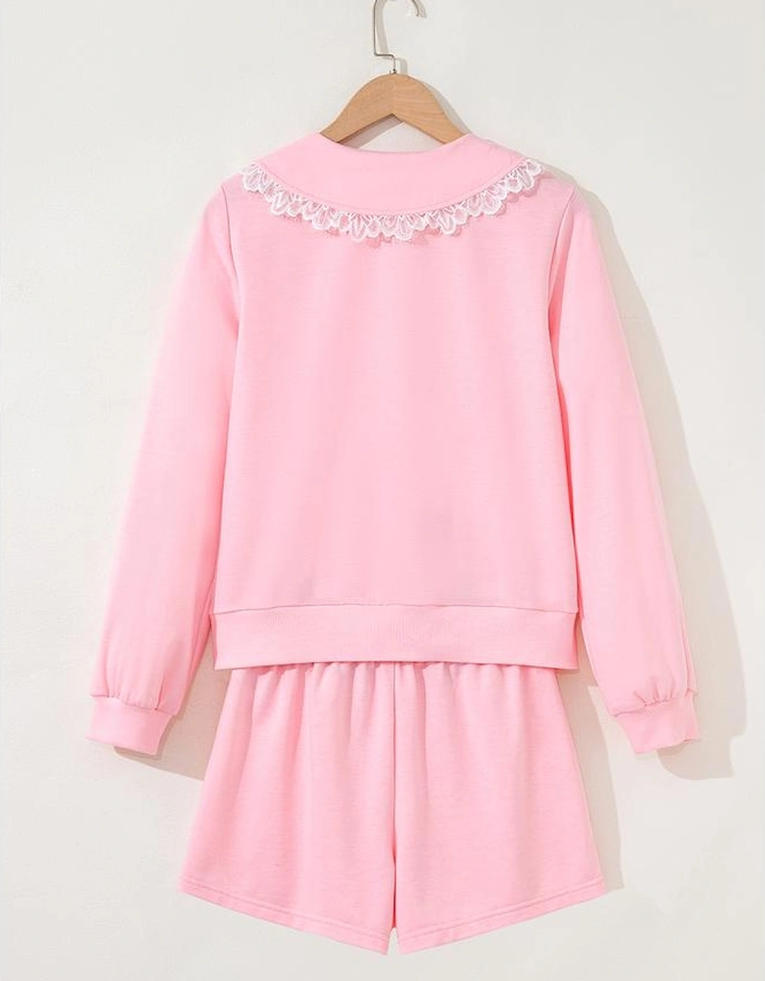 Pink Peter Pan Lace Embellished Neck Collision Sweatshirt and Skirt Two Piece Set