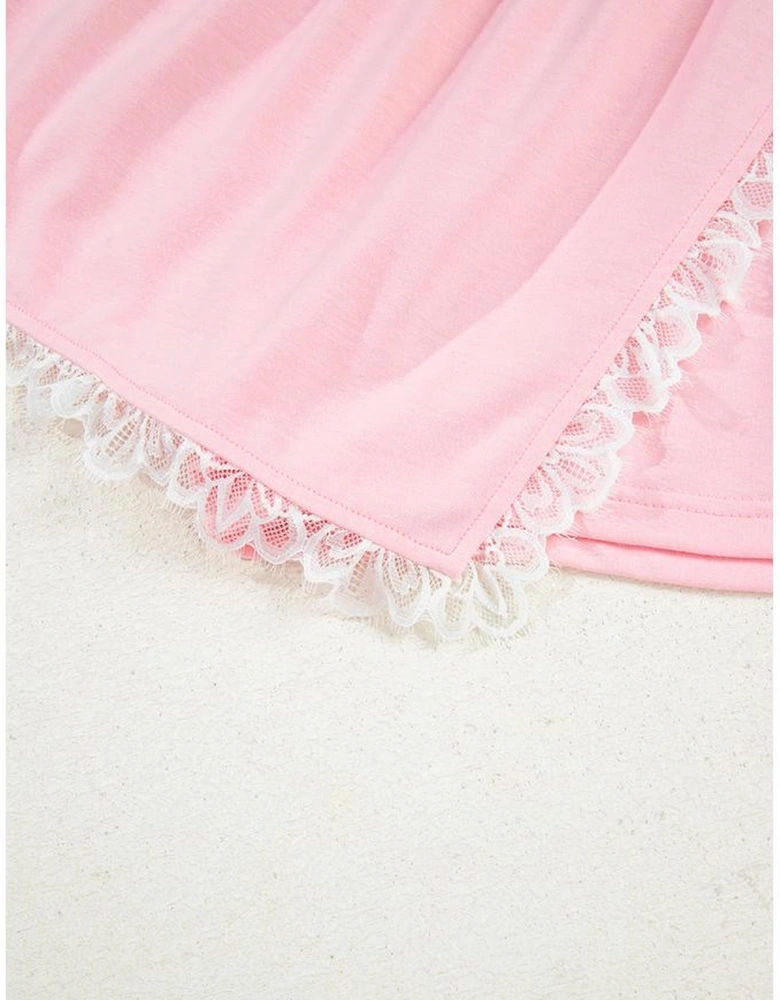 Pink Peter Pan Lace Embellished Neck Collision Sweatshirt and Skirt Two Piece Set