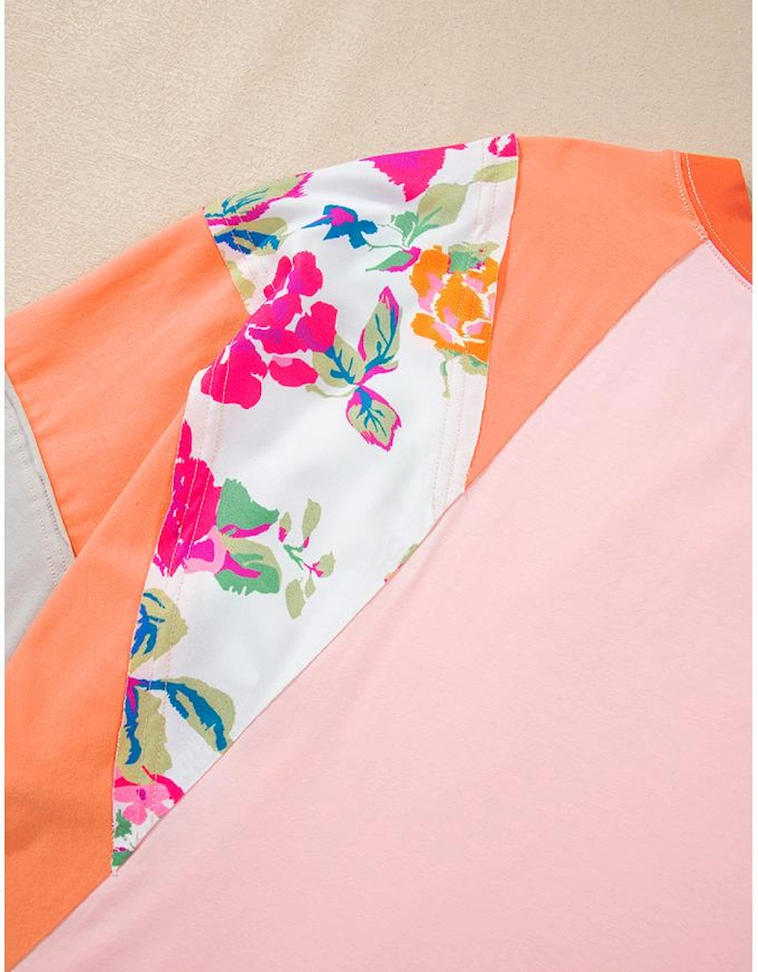 Orange Plus Size Floral Print Patchwork Raglan Half Sleeve Top