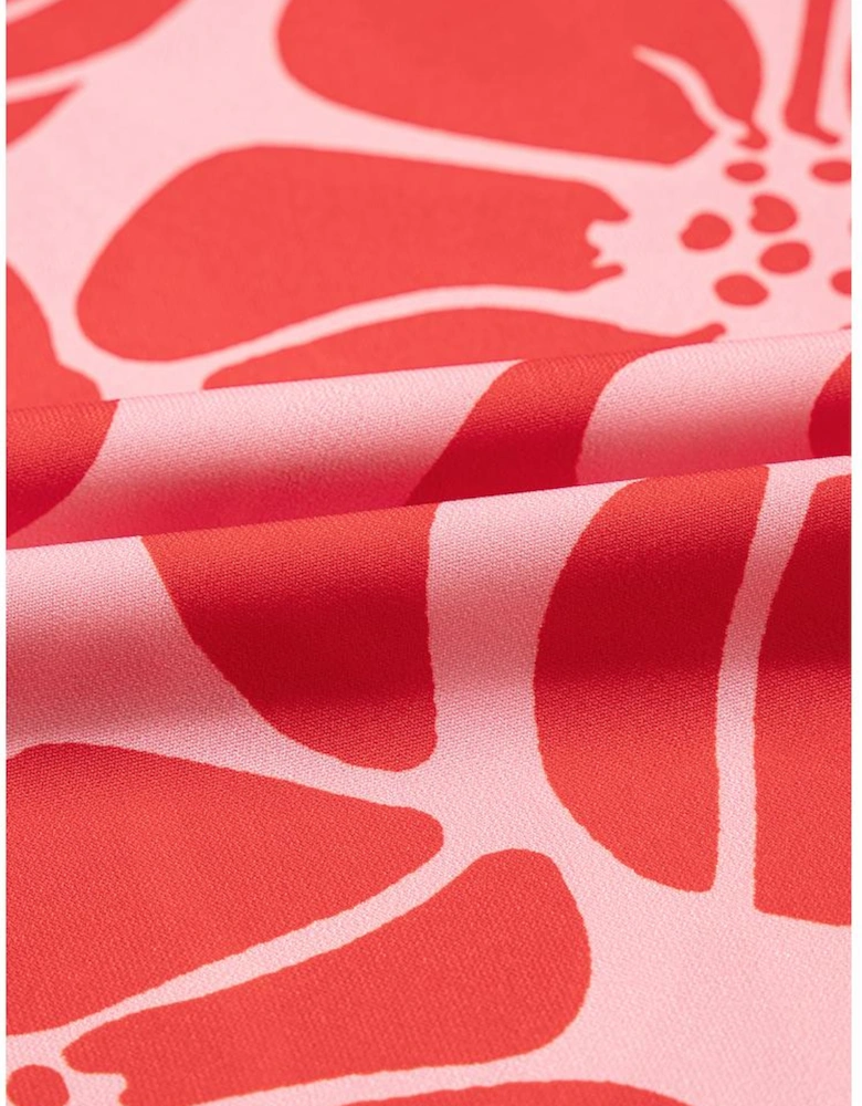 Red Boho Floral Short Sleeve V Neck Buttoned Shirred Waist Long Dress