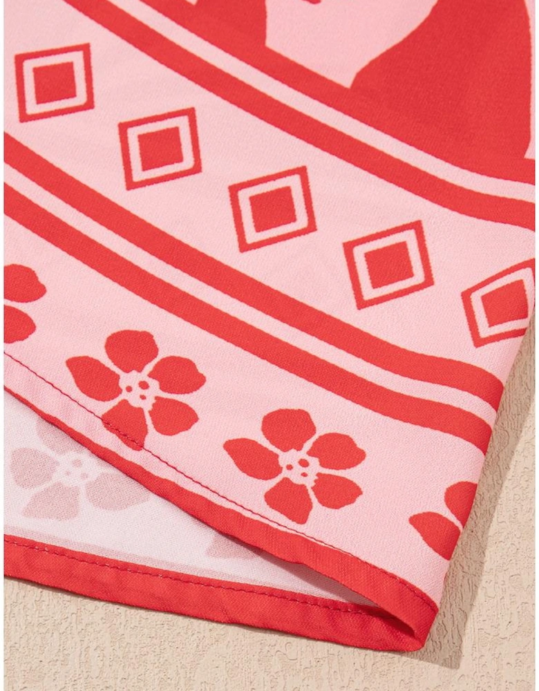 Red Boho Floral Short Sleeve V Neck Buttoned Shirred Waist Long Dress