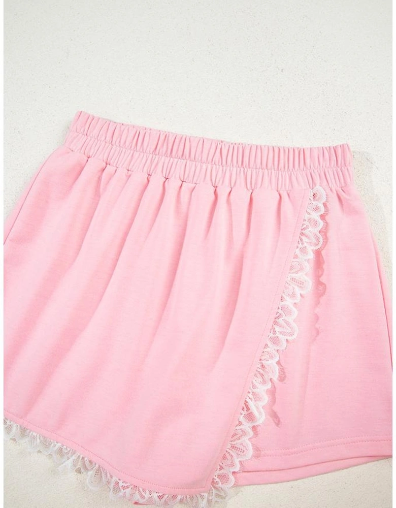 Pink Peter Pan Lace Embellished Neck Collision Sweatshirt and Skirt Two Piece Set