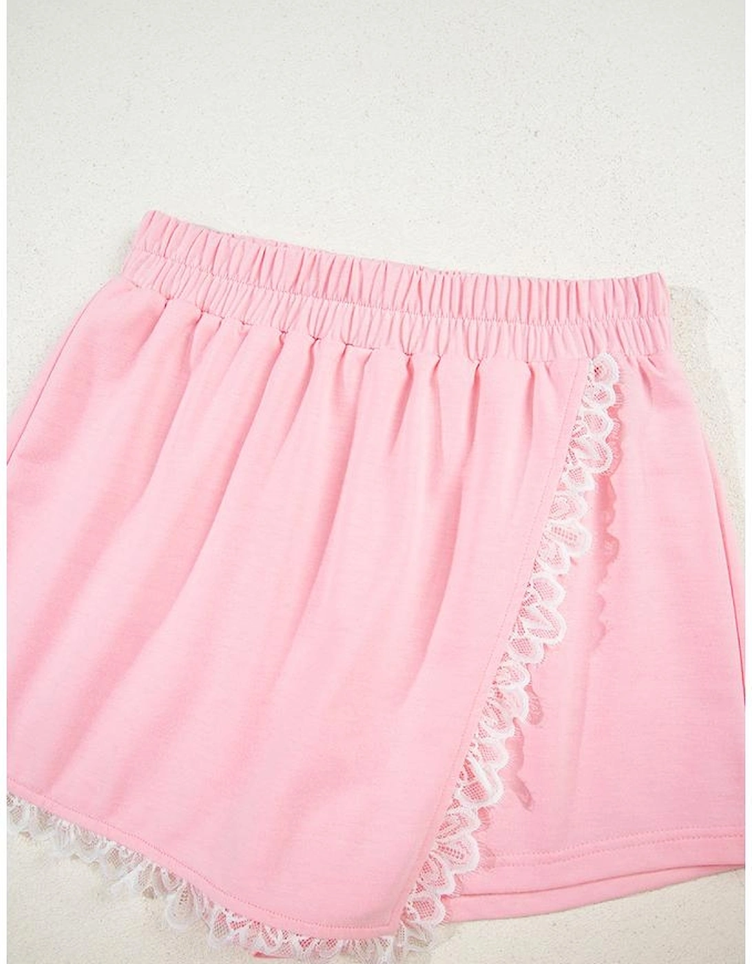 Pink Peter Pan Lace Embellished Neck Collision Sweatshirt and Skirt Two Piece Set