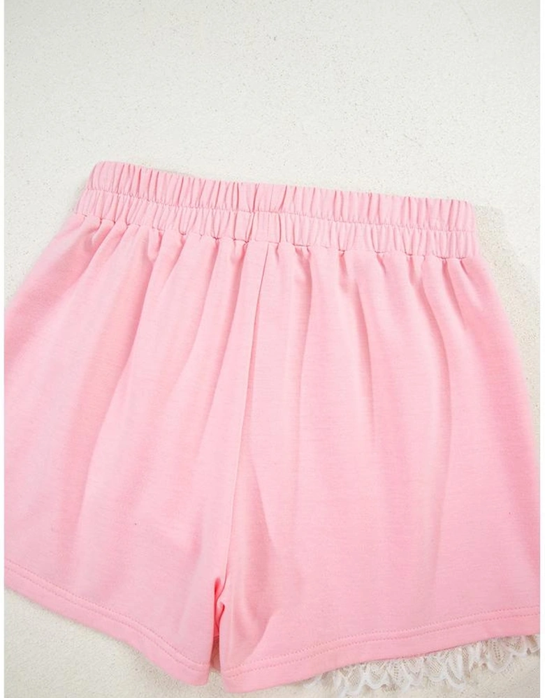 Pink Peter Pan Lace Embellished Neck Collision Sweatshirt and Skirt Two Piece Set