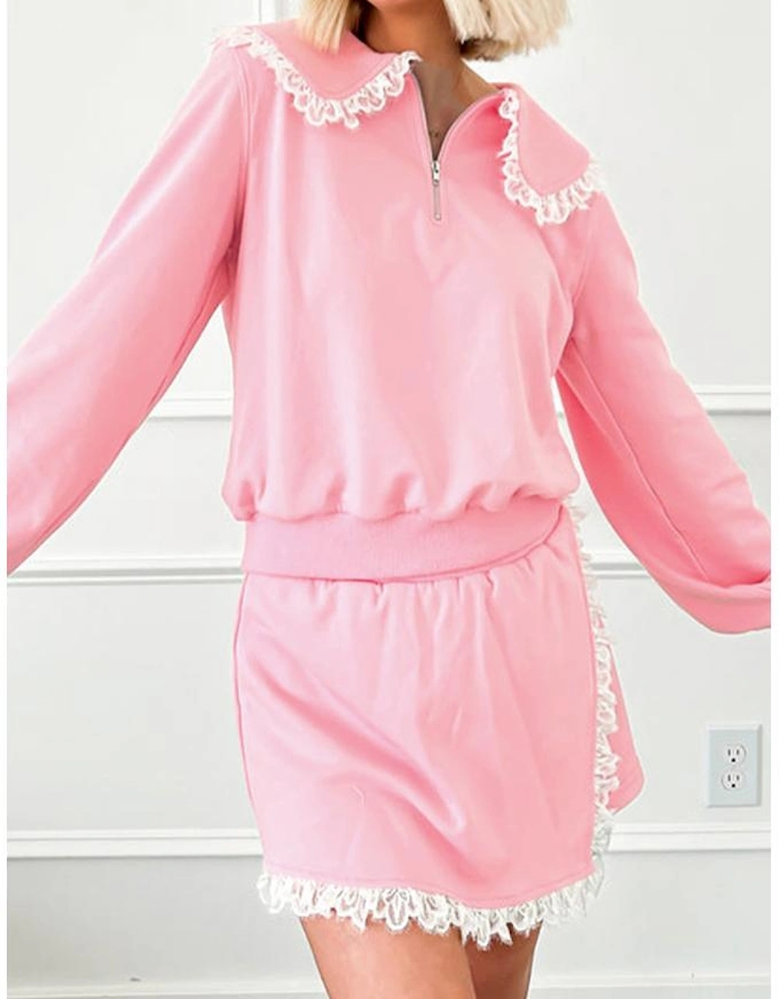 Pink Peter Pan Lace Embellished Neck Collision Sweatshirt and Skirt Two Piece Set