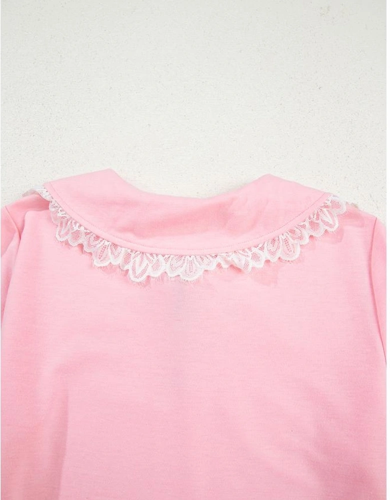 Pink Peter Pan Lace Embellished Neck Collision Sweatshirt and Skirt Two Piece Set