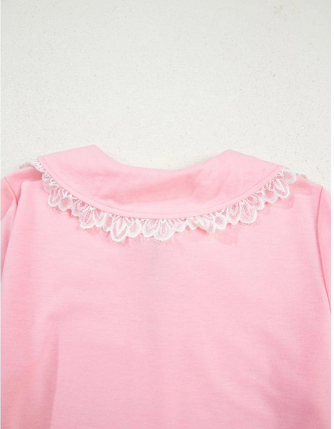 Pink Peter Pan Lace Embellished Neck Collision Sweatshirt and Skirt Two Piece Set