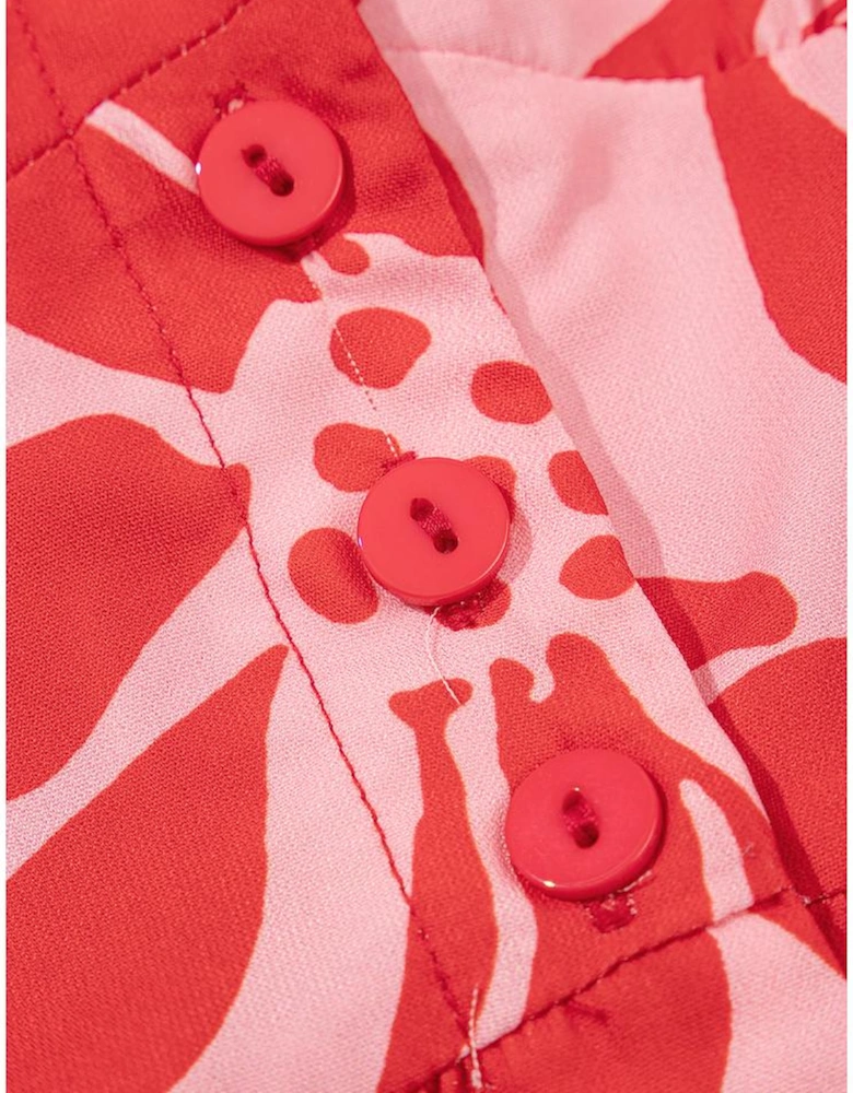 Red Boho Floral Short Sleeve V Neck Buttoned Shirred Waist Long Dress