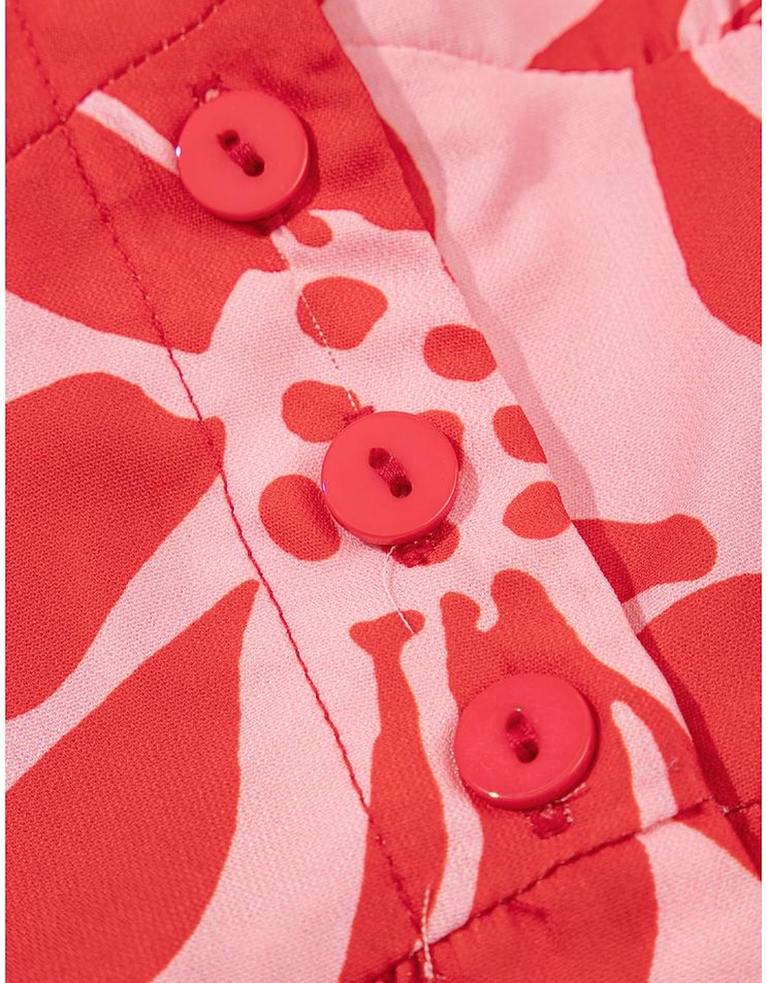 Red Boho Floral Short Sleeve V Neck Buttoned Shirred Waist Long Dress