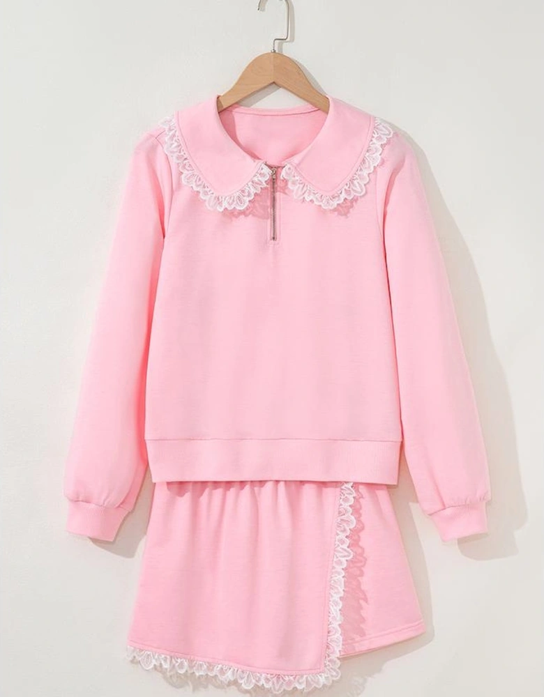 Pink Peter Pan Lace Embellished Neck Collision Sweatshirt and Skirt Two Piece Set
